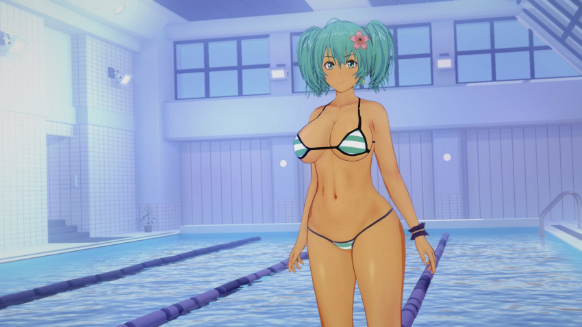 16:9 1girl anime before_sex big_breasts bikini breasts female_focus green_hair hentai ikkitousen indoors looking_at_viewer medium_hair open_eyes ponytail pool ryofu_housen solo_female solo_focus standing striped_bikini striped_panties water