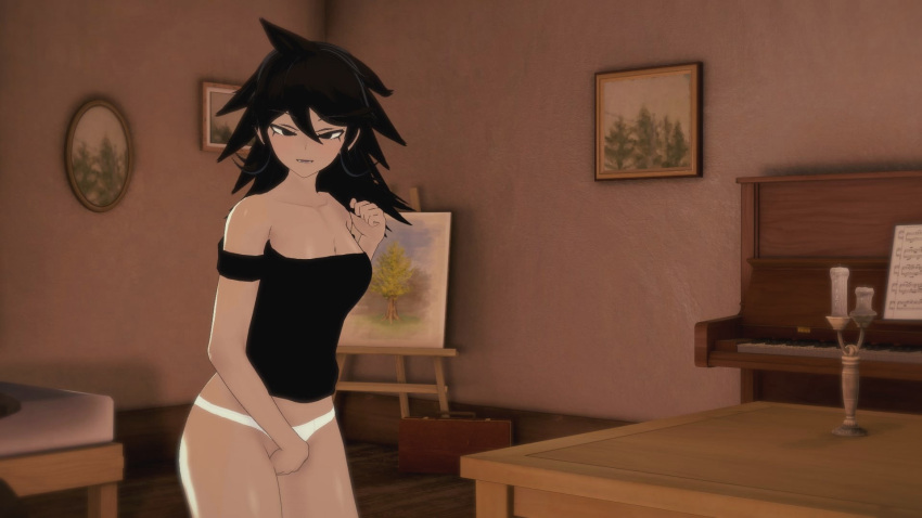 16:9 1girl anime black_hair black_shirt blush danganronpa female_focus female_masturbation hentai indoors looking_at_viewer looking_pleasured masturbation owari_akane panties_aside room shirt solo_focus squinted_eyes standing teen white_panties