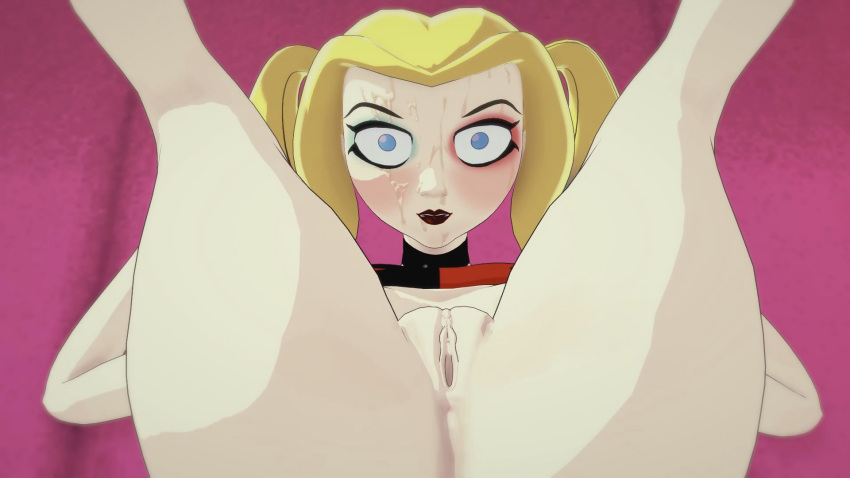 16:9 1girl after_sex anime anus batman_(series) big_eyes black_lipstick blush cum cum_on_face female_focus harley_quinn hentai indoors large_eyes legs_up light-skinned_female light_skin looking_at_viewer looking_pleasured on_bed open_eyes pussy room solo_focus