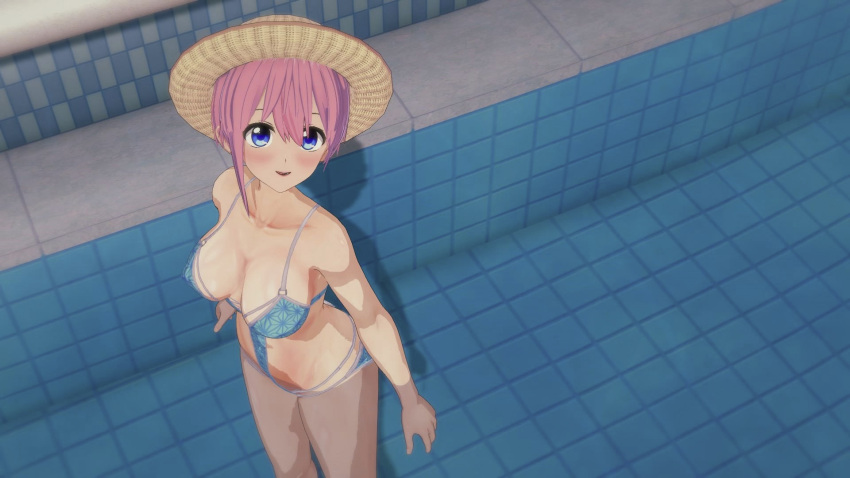 16:9 1girl anime bikini blue_bikini blush female_focus female_only go-toubun_no_hanayome happy hentai in_water light-skinned_female light_skin looking_at_viewer medium_hair nakano_ichika open_eyes partially_submerged solo_female solo_focus standing straw_hat teen