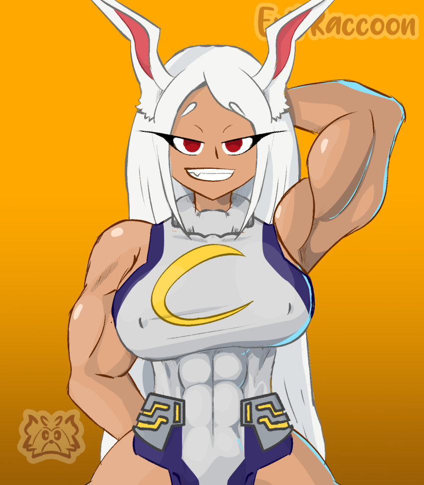 abs anime armpits arms_behind arms_behind_back arms_up biceps big_breasts boku_no_hero_academia dark-skinned_female dark_skin evil_raccoon mirko miruko miruko_(my_hero_academia) muscle my_hero_academia red_eyes smile smiling_at_viewer superheroine white_hair