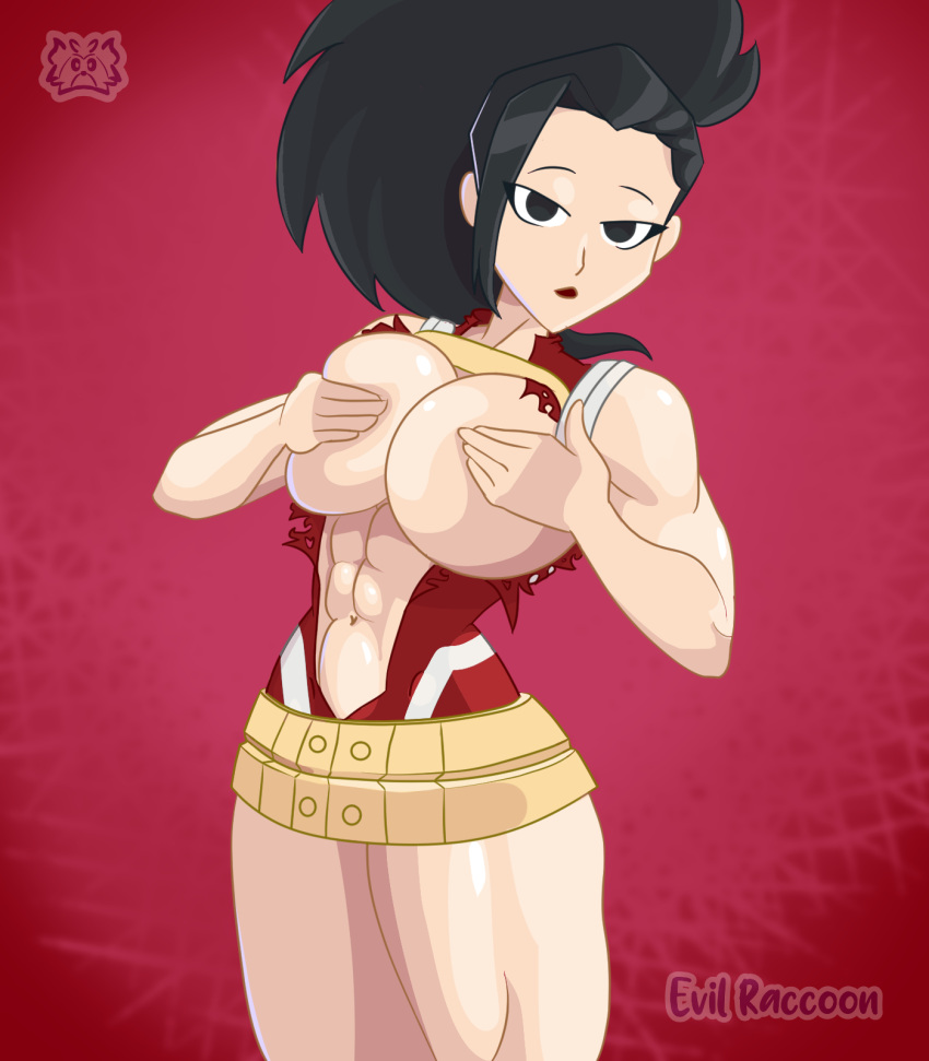 anime big_breasts black_hair boku_no_hero_academia evil_raccoon hands_on_breasts huge_breasts light-skinned_female light_skin momo_yaoyorozu my_hero_academia ponytail ripped_clothing shy superheroine thick_thighs tight_clothing yaoyorozu_momo