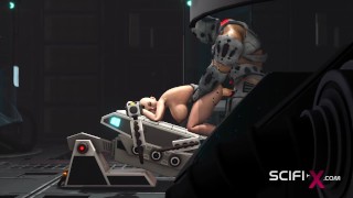 A sexy horny bald girl in cuffs gets fucked hard by a sex cyborg in the lab